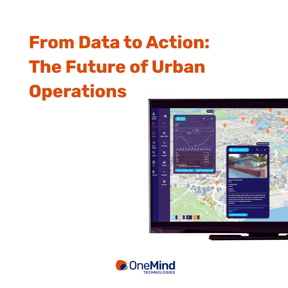 Illustration of a smart city dashboard on a screen with the title 'From Data to Action: The Future of Urban Operations' and OneMind Technologies logo.